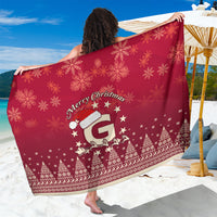 Red Christmas sarong with Santa and snowflake pattern, wide fringeless drape