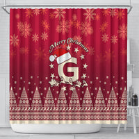 Red Christmas shower curtain with Santa and reindeer, Merry Christmas lettering and holiday motifs