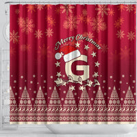 Red Christmas shower curtain showing Santa and reindeer, Merry Christmas text, snowflake accents