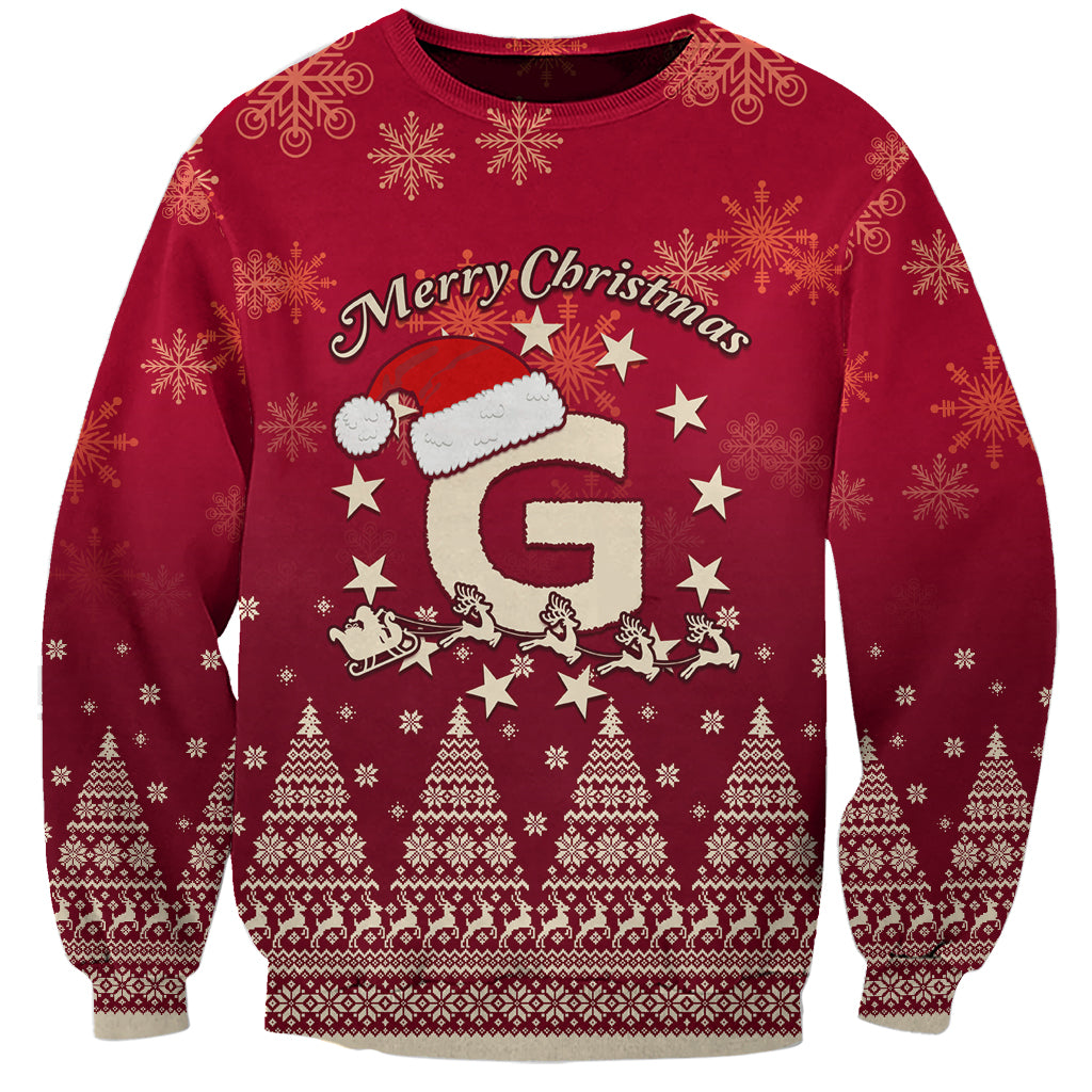 Red Christmas crewneck sweatshirt with Merry Christmas graphic, snowflakes, Santa and sleigh