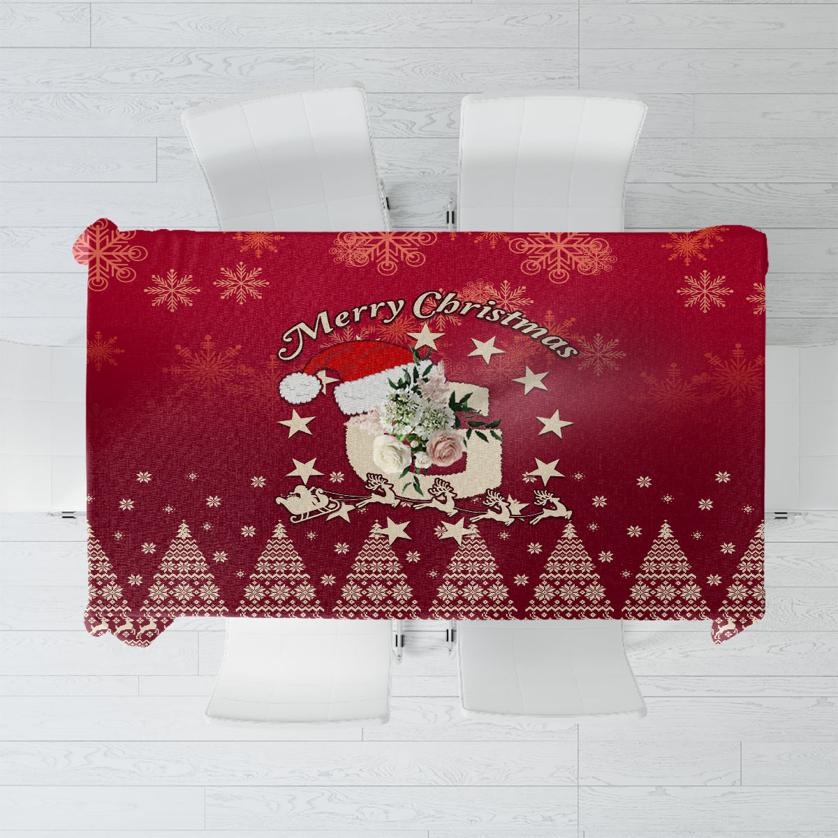 Red Christmas tablecloth with Santa riding a reindeer and festive border pattern