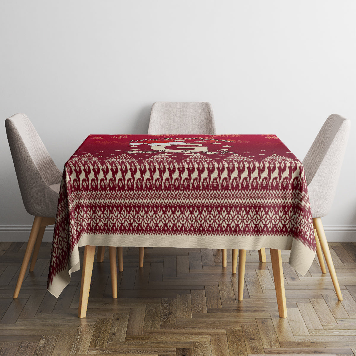 Red Christmas tablecloth with festive border and patterned center panel on dining table