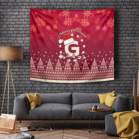 Red Christmas tapestry with “Merry Christmas” text, stars, trees, and Santa figure
