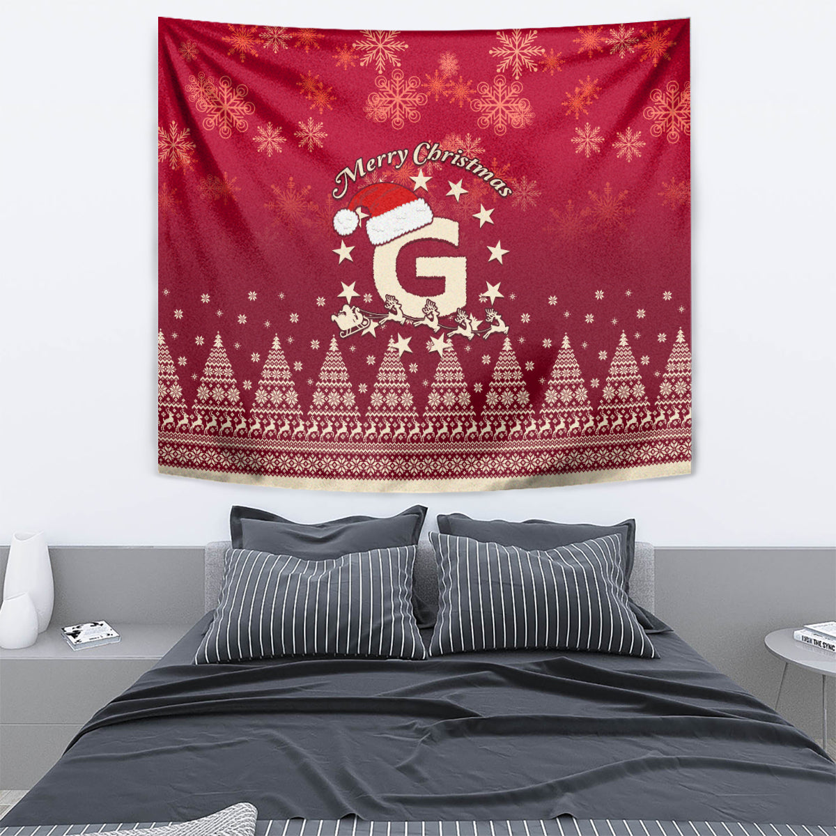 Red Christmas wall tapestry showing “Merry Christmas” lettering, stars, and tree border