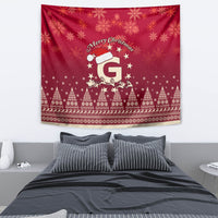Red Christmas wall tapestry showing “Merry Christmas” lettering, stars, and tree border