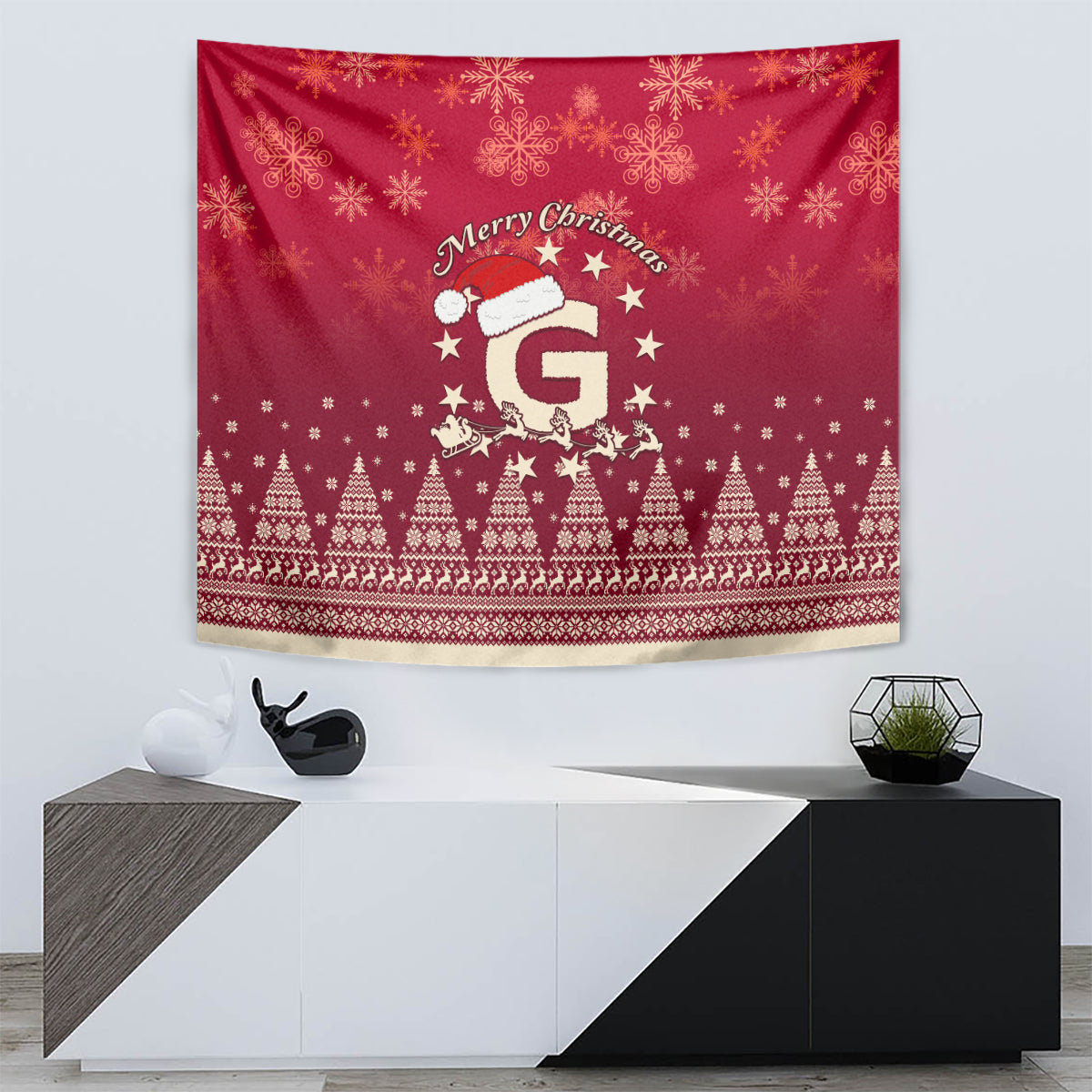 Red Christmas tapestry with “Merry Christmas” text, Santa graphic, and snowy tree row