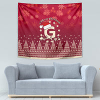 Red Christmas tapestry featuring “Merry Christmas” and a Santa motif with patterned trees