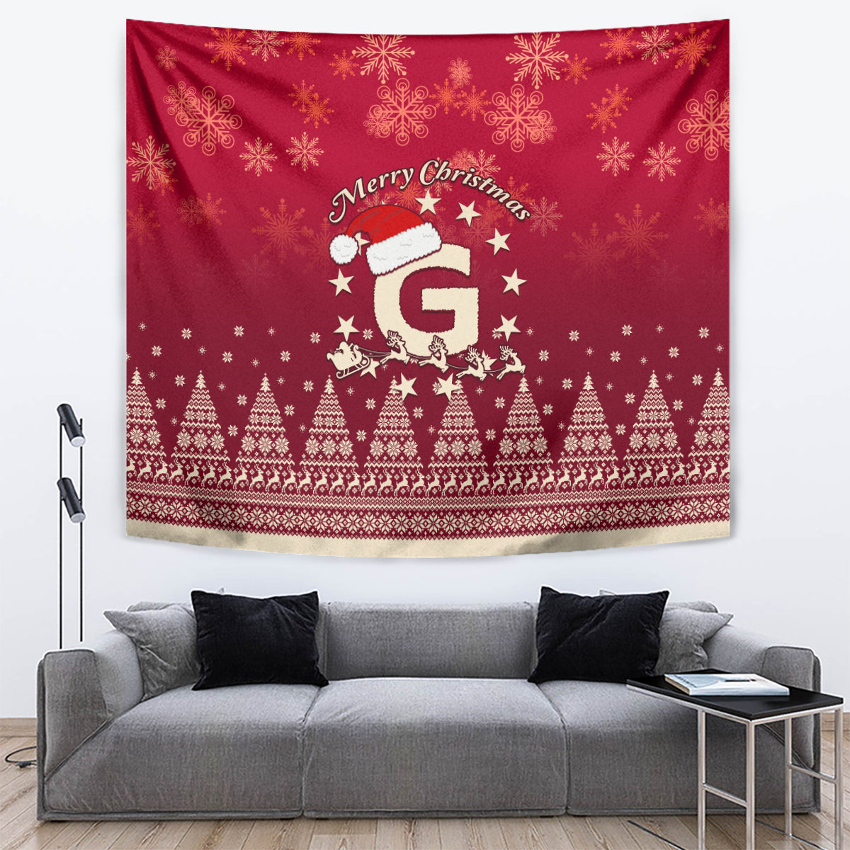 Red Christmas wall tapestry with “Merry Christmas” script, stars, and repeating pine trees