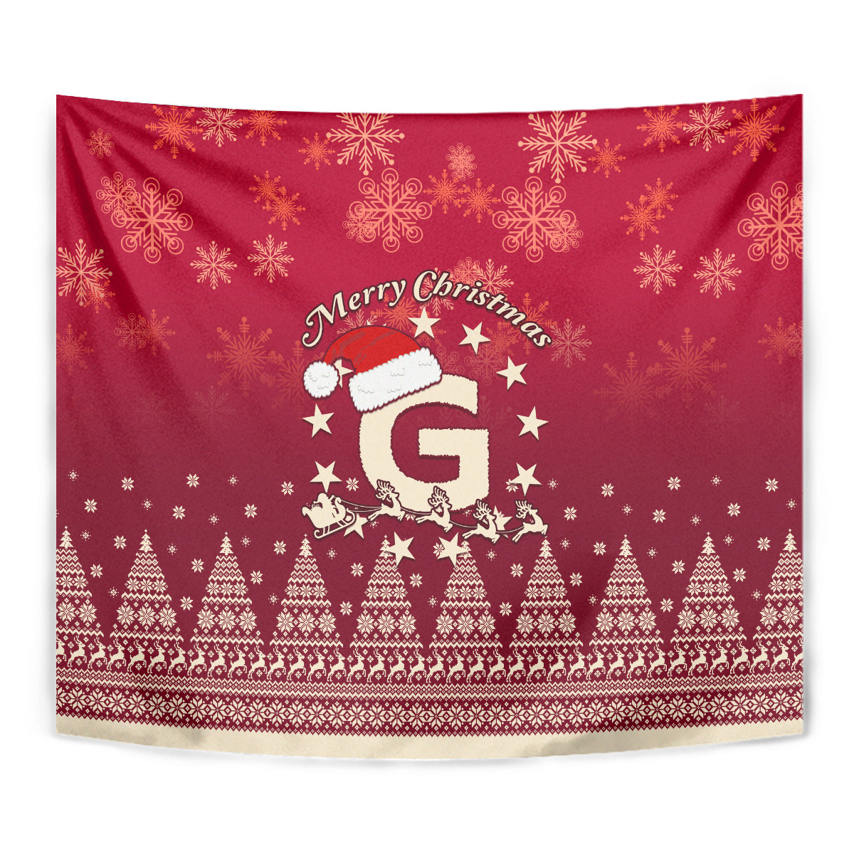 Red Christmas tapestry close-up with “Merry Christmas” text, Santa hat, stars, and pine trees