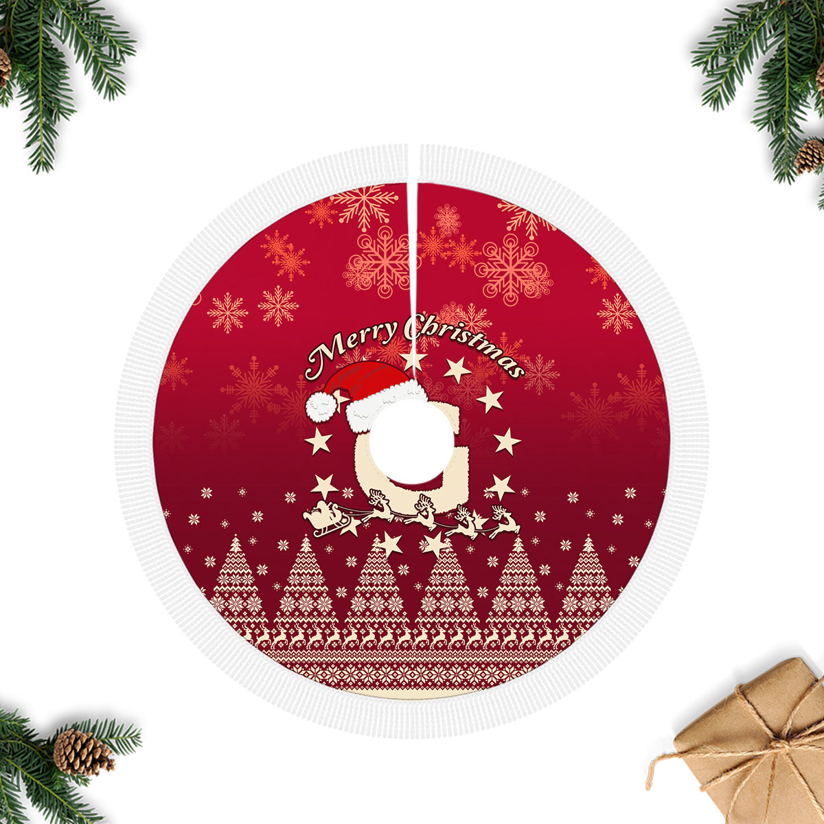 Red Christmas tree skirt with Santa and reindeer, white scalloped border and hanging ring