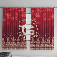 Red Christmas window curtain pair with Santa riding reindeer and snowflake pattern