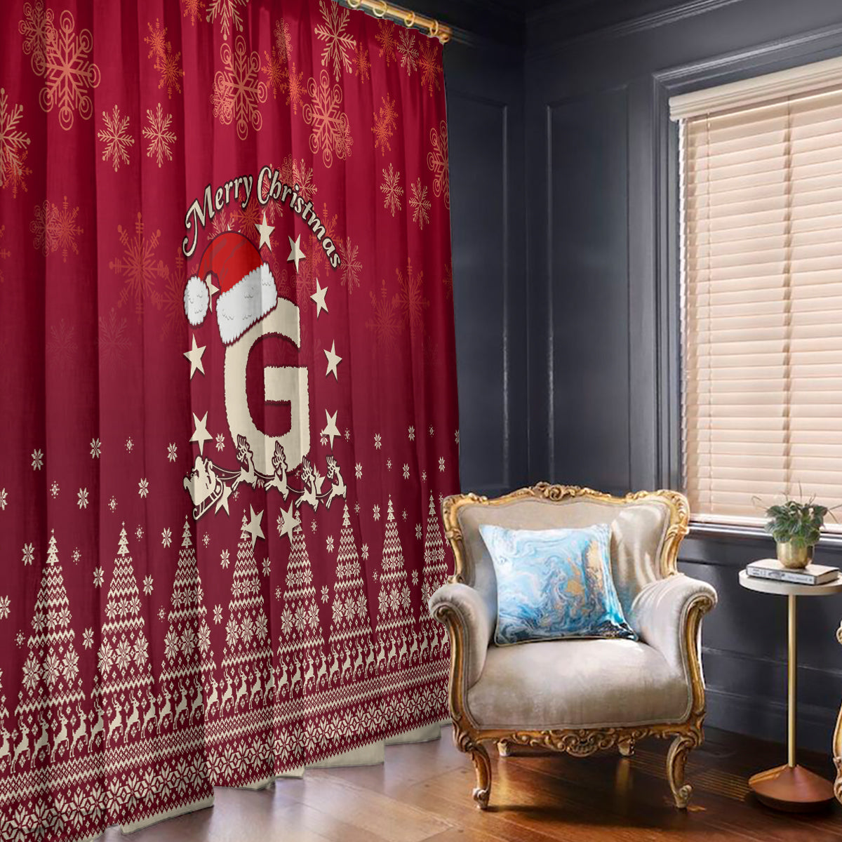 Red Christmas window curtain with Santa riding reindeer, stars, snowflakes, and festive border