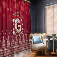 Red Christmas window curtain with Santa riding reindeer, stars, snowflakes, and festive border