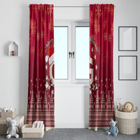 Red Christmas window curtains with Santa riding reindeer center motif and snowflake border