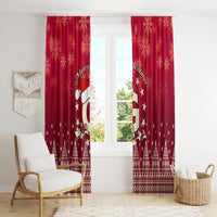 Red Christmas curtain panels with Santa riding reindeer graphic and gold snowflake details
