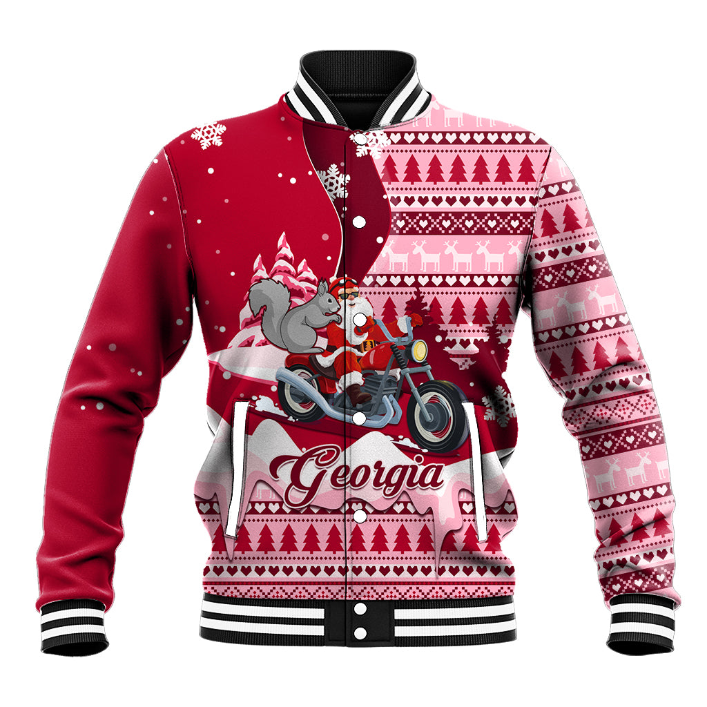 Red unisex baseball jacket with striped rib trim and Santa riding motorcycle graphic