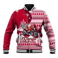 Red unisex baseball jacket with striped rib trim and Santa riding motorcycle graphic