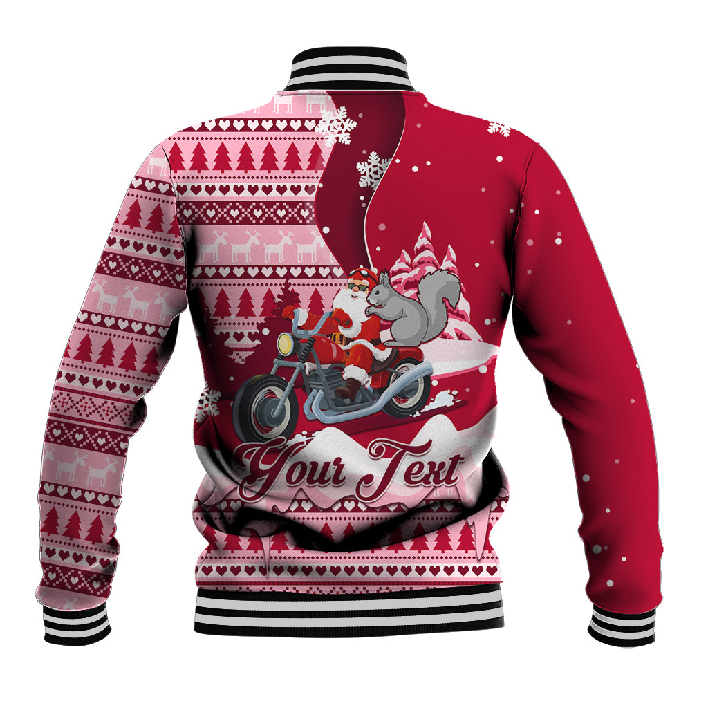 Red unisex baseball jacket, back view, striped rib trim, Santa on motorcycle with text