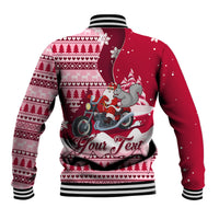 Red unisex baseball jacket, back view, striped rib trim, Santa on motorcycle with text