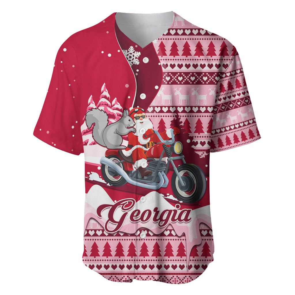 Red baseball jersey with Santa and gray squirrel on motorcycle, fair isle Christmas pattern