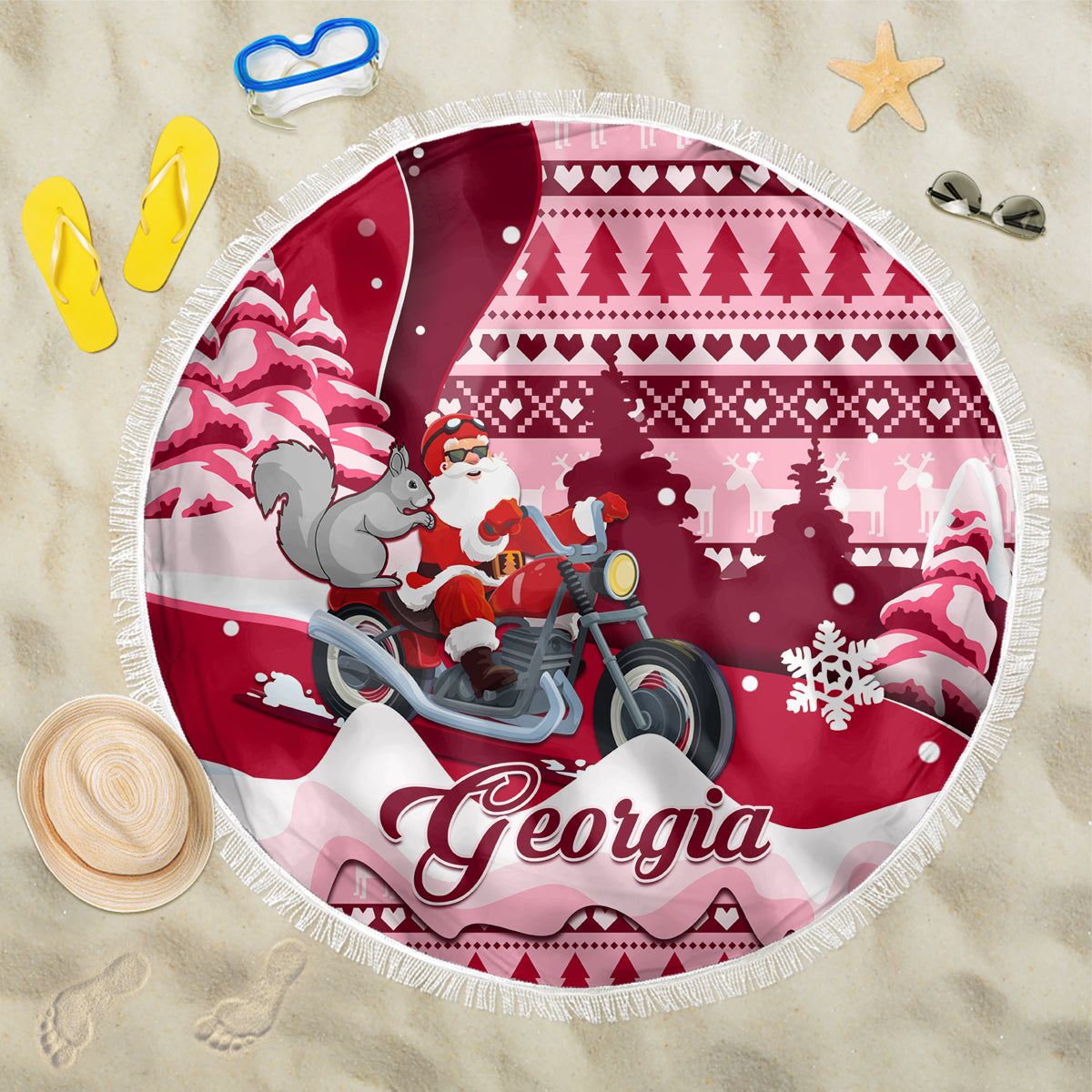 150cm round red and white Christmas beach blanket with Santa on motorcycle and gray squirrel