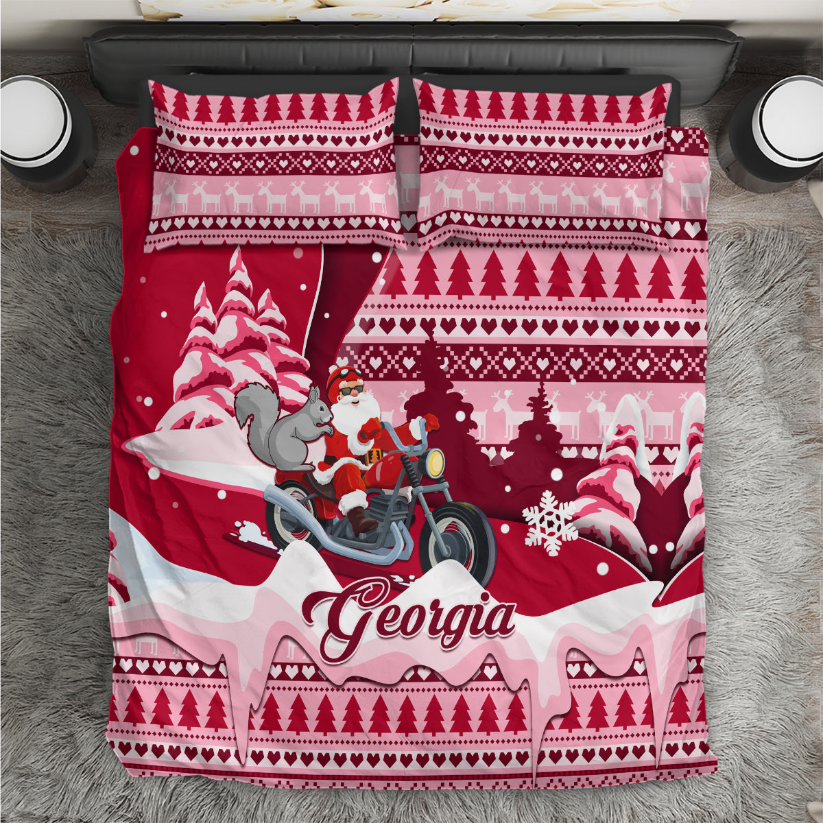 Red Christmas bedding set: Santa on motorcycle with gray squirrel, trees, Georgia script