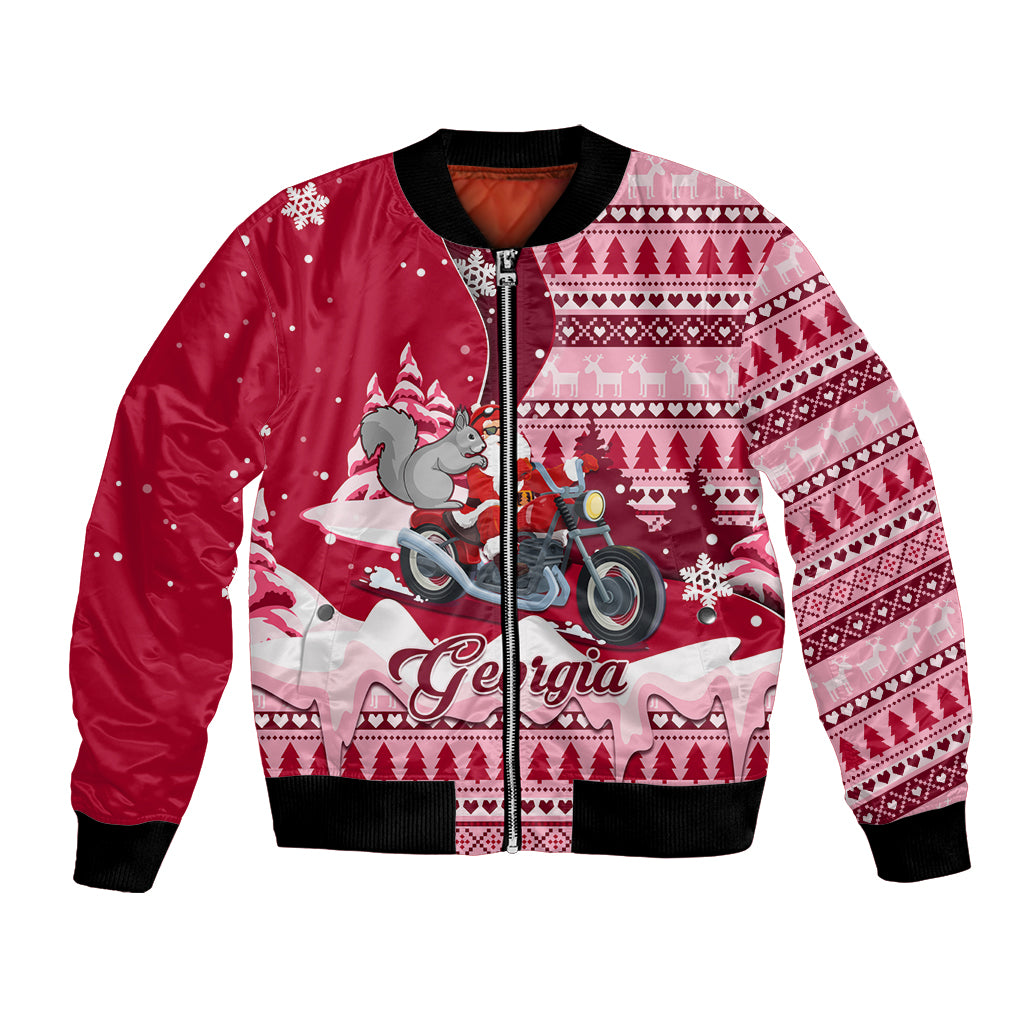 Unisex red bomber jacket with Santa and gray squirrel on motorcycle, winter pattern