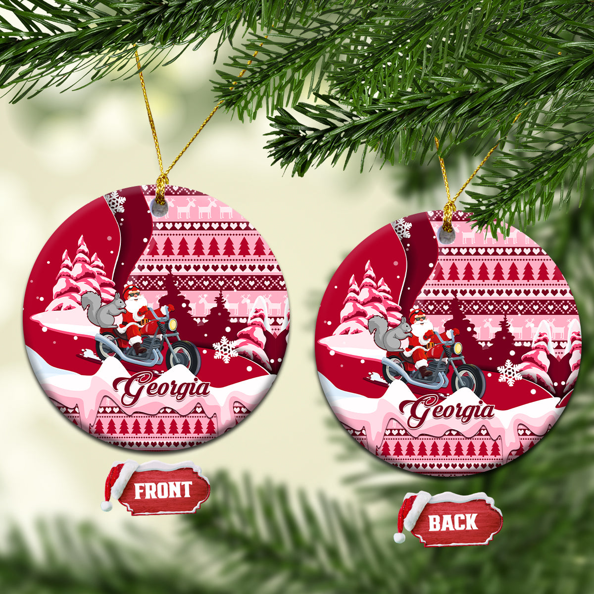 Round red ceramic Christmas ornament with Santa on motorcycle and Georgia text, front design.