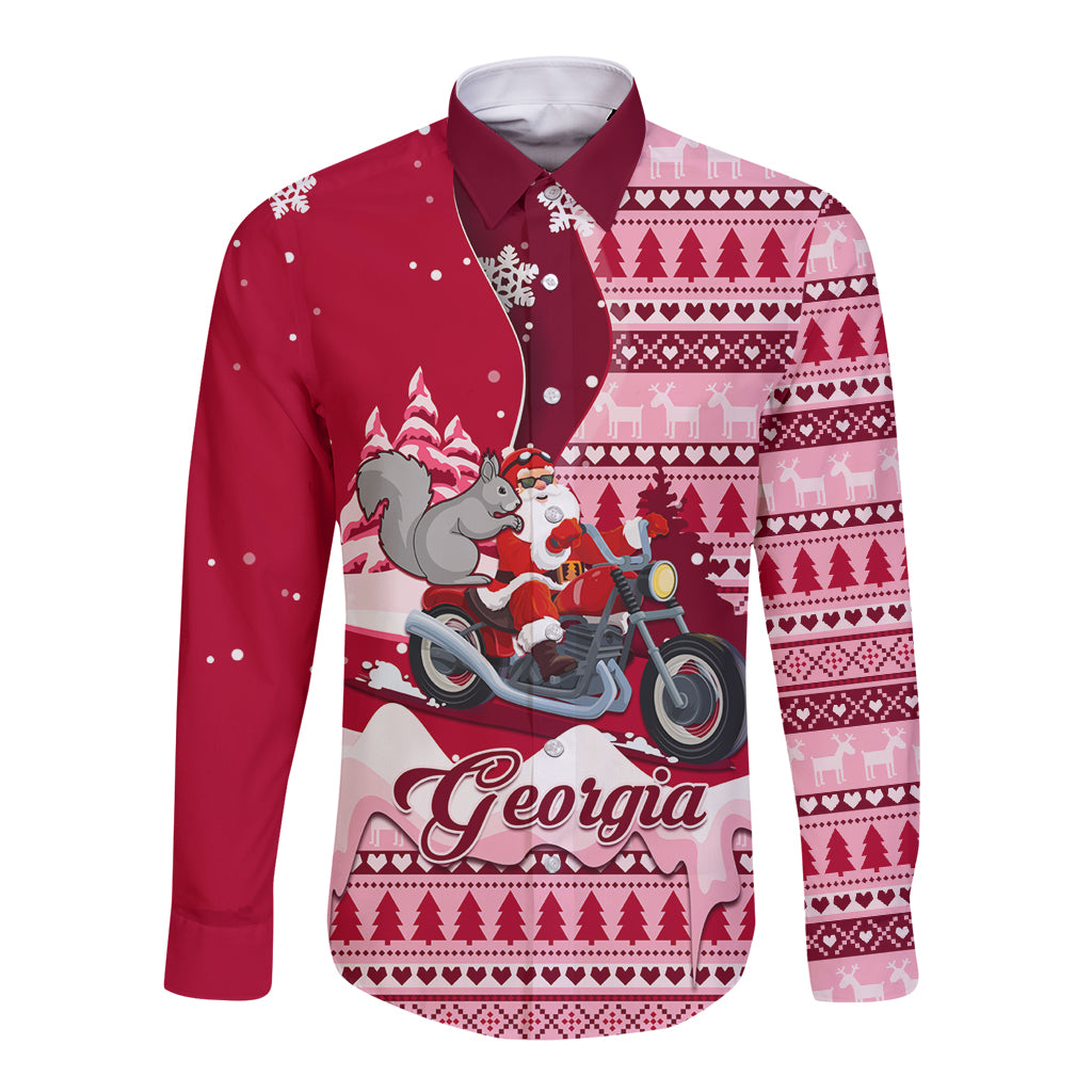 Unisex red long-sleeve button shirt with motorcycle graphic and Georgia text
