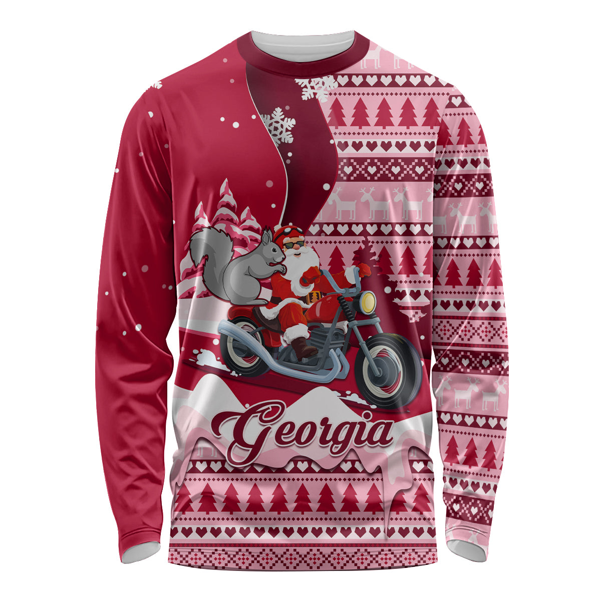 Red long-sleeve crew shirt with Georgia graphic and Santa on motorcycle, knit pattern