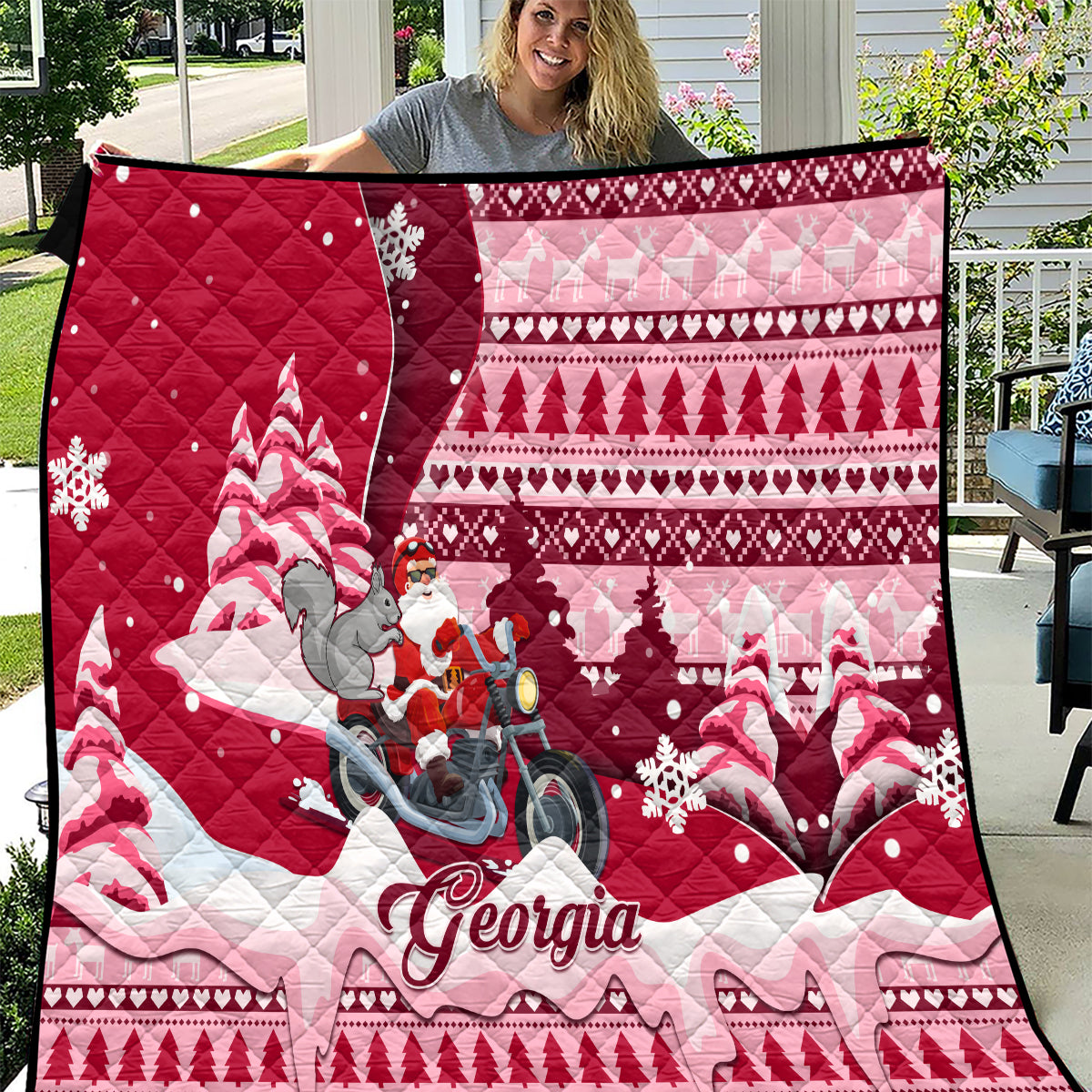 Red quilt blanket with Santa on motorcycle, gray squirrel, and 'Georgia' text