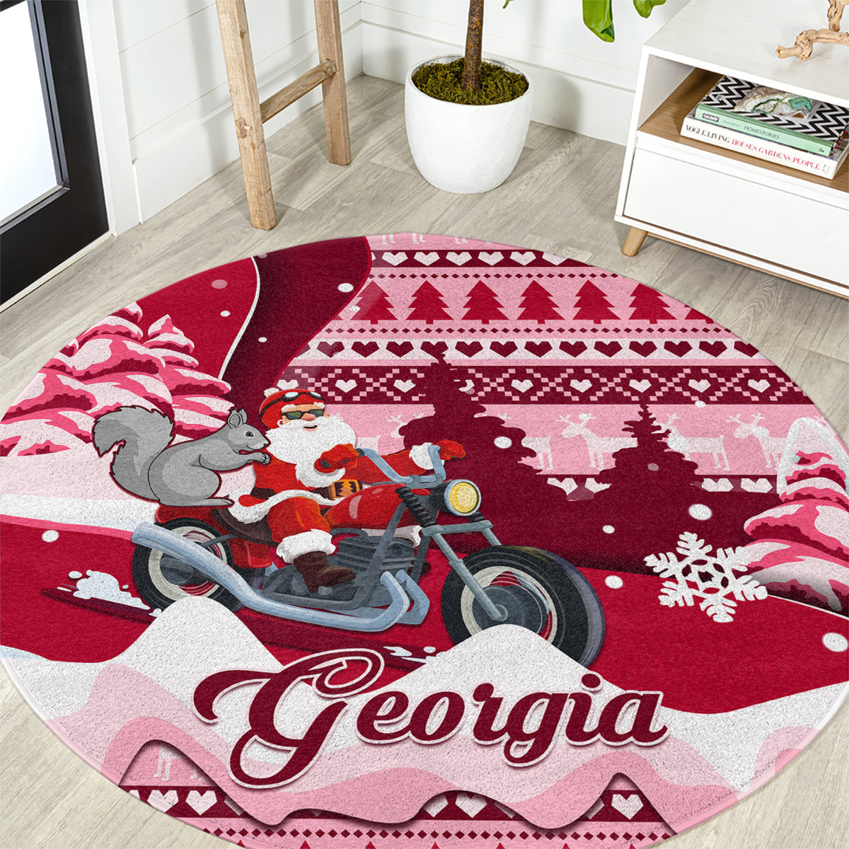 Round red Christmas area rug with Santa on motorcycle and 'Georgia' script