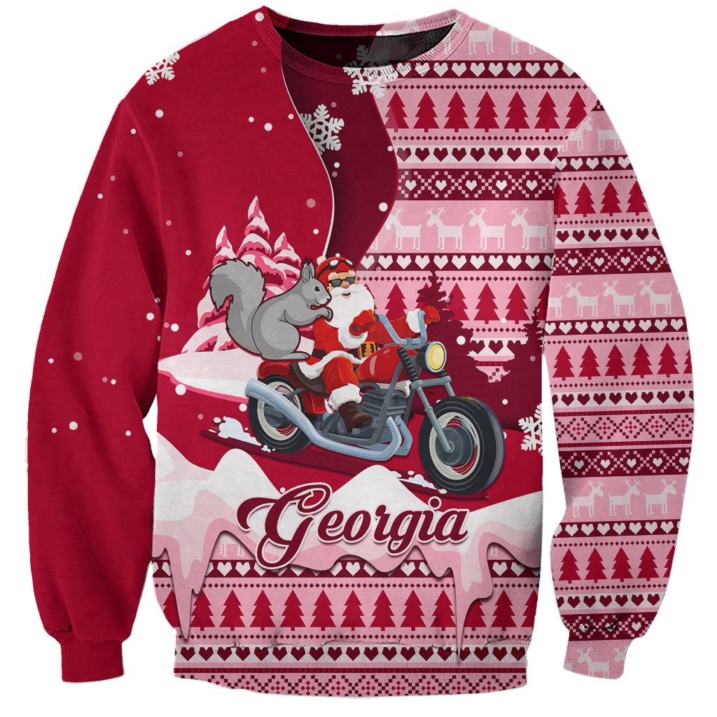 Red unisex Christmas sweatshirt with Santa on motorcycle and gray squirrel, Georgia text