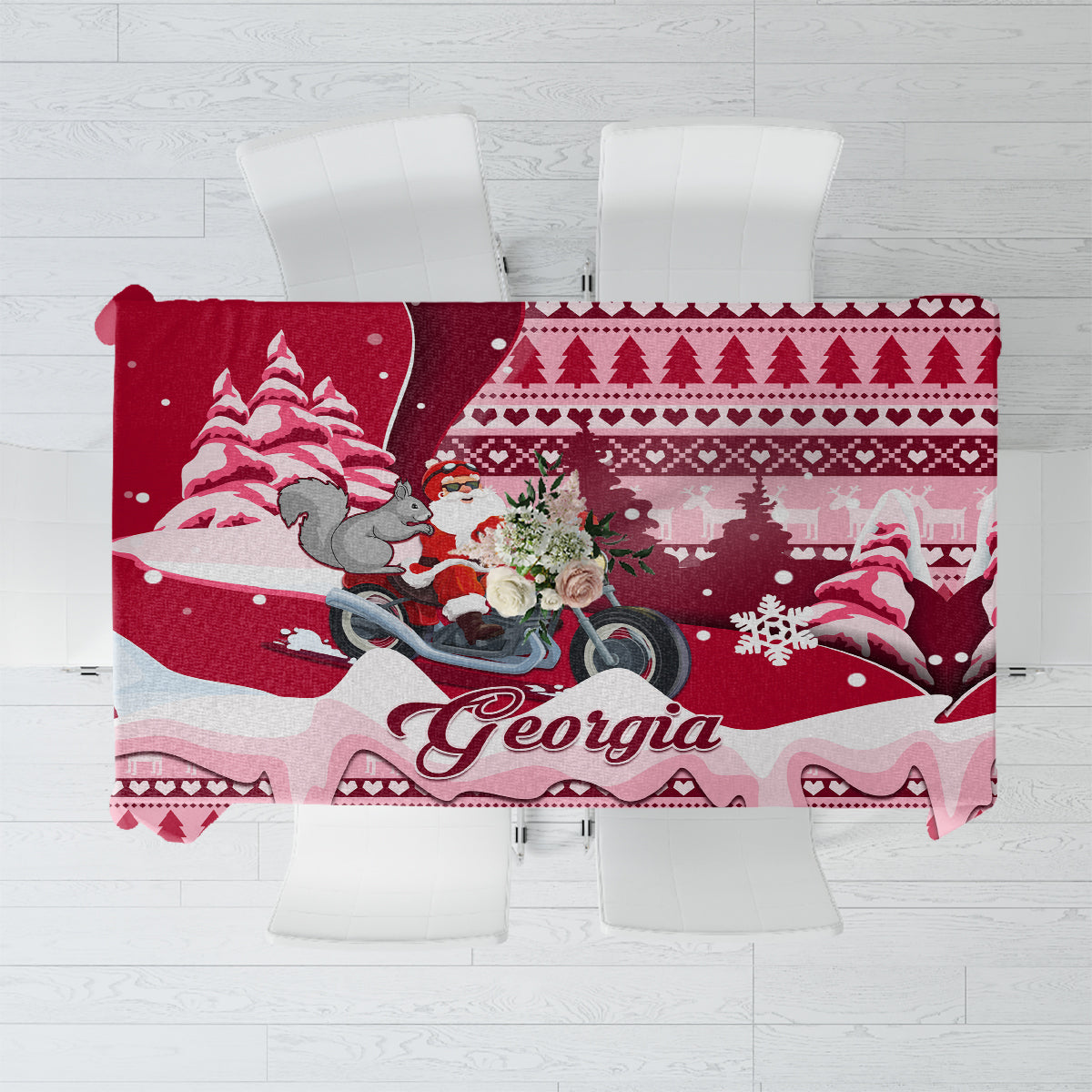 Red Christmas tablecloth with Santa riding a motorcycle and pine tree border