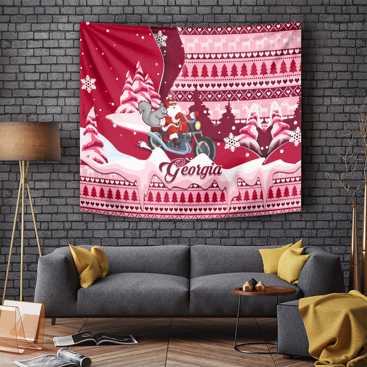 Red holiday tapestry: Santa on motorcycle with gray squirrel and Georgia script center