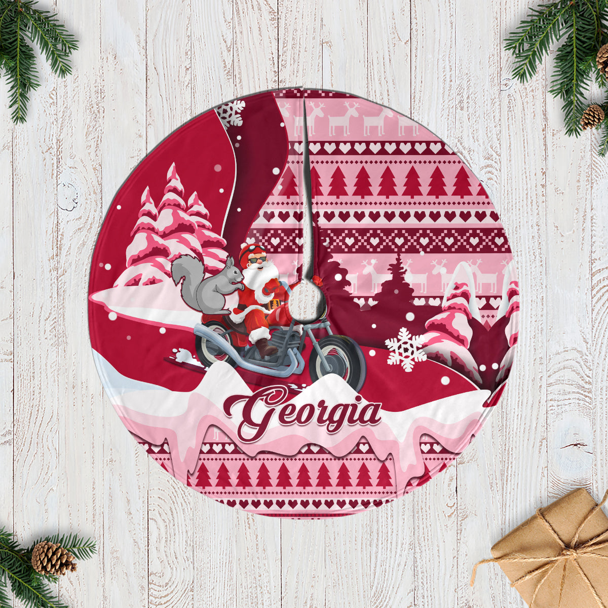 Red Christmas tree skirt with Georgia graphic, Santa on motorcycle and squirrel