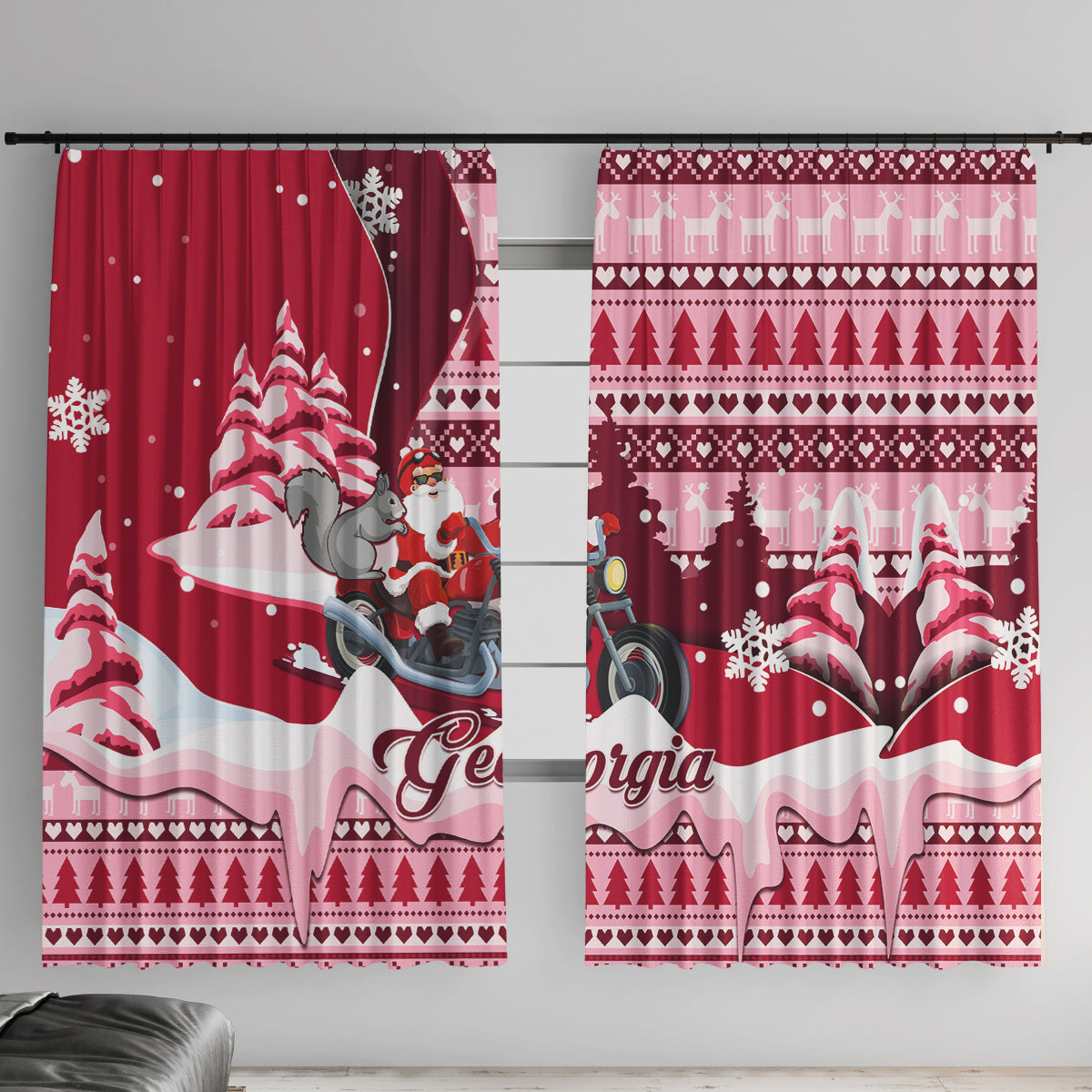 Red Christmas window curtain set with Santa on motorcycle and gray squirrel, Georgia print