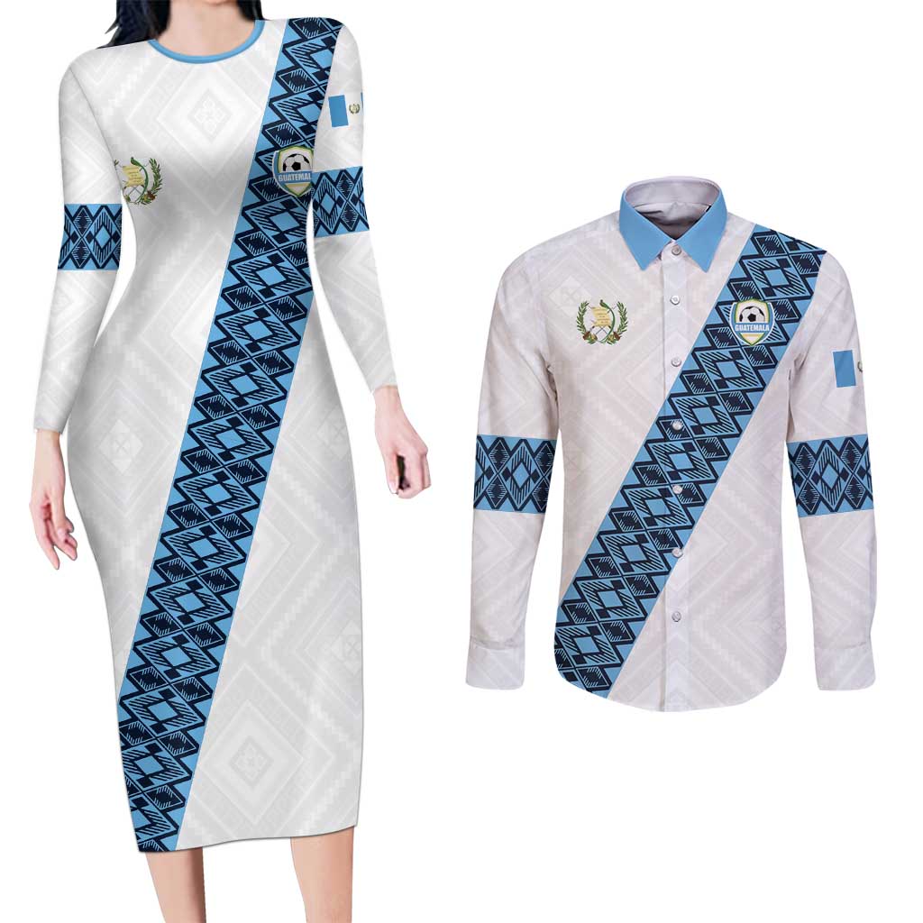 Custom Guatemala Football Couples Matching Long Sleeve Bodycon Dress and Long Sleeve Button Shirt La Azul y Blanco Come On