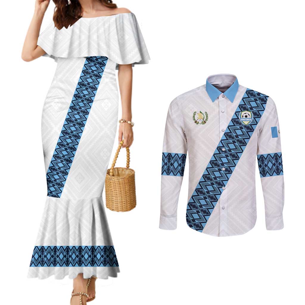 Custom Guatemala Football Couples Matching Mermaid Dress and Long Sleeve Button Shirt La Azul y Blanco Come On