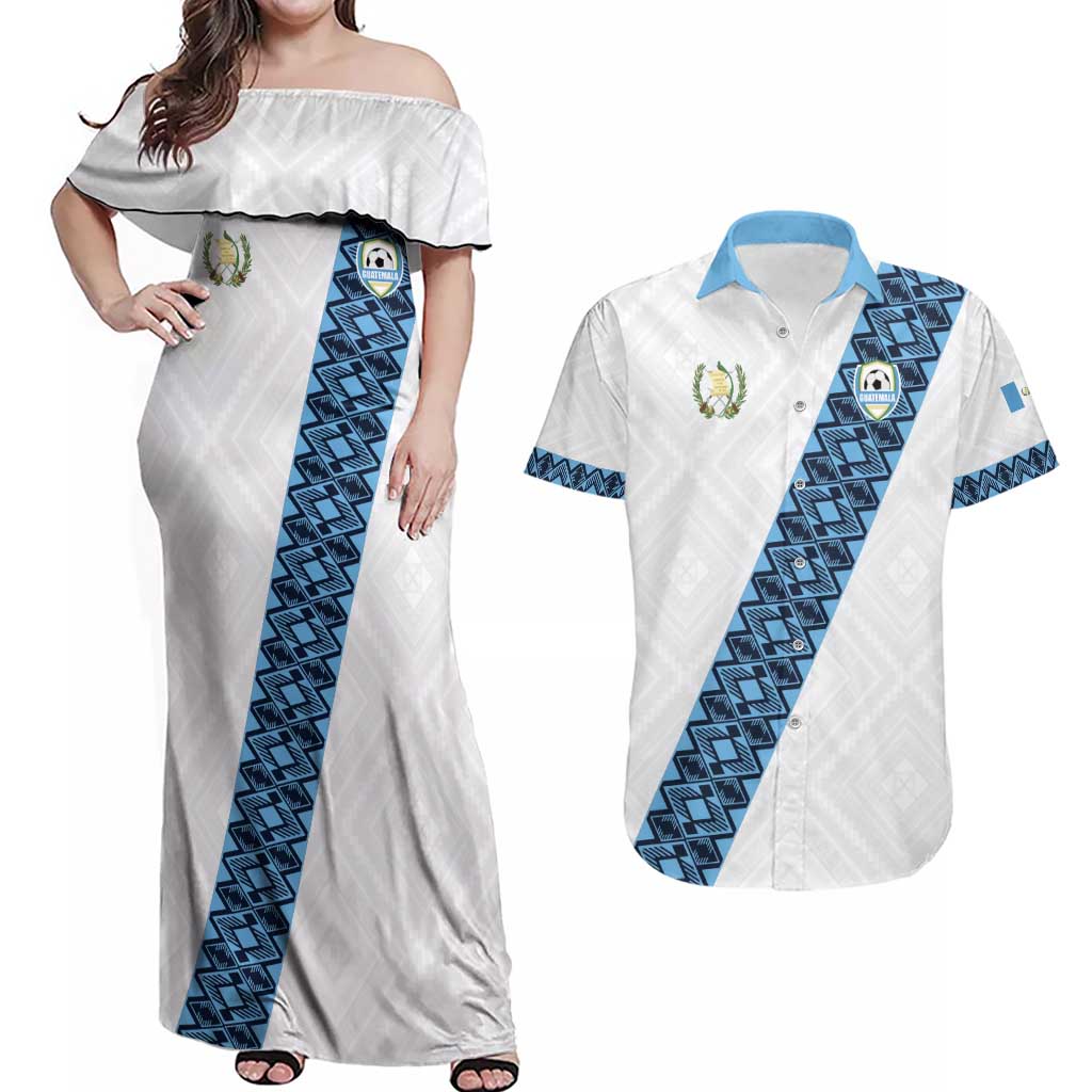 Custom Guatemala Football Couples Matching Off Shoulder Maxi Dress and Hawaiian Shirt La Azul y Blanco Come On