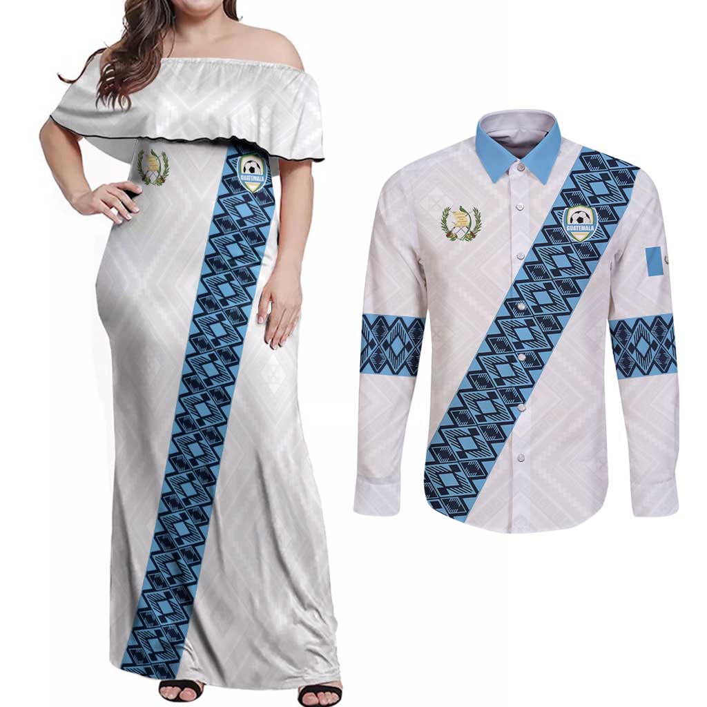 Custom Guatemala Football Couples Matching Off Shoulder Maxi Dress and Long Sleeve Button Shirt La Azul y Blanco Come On