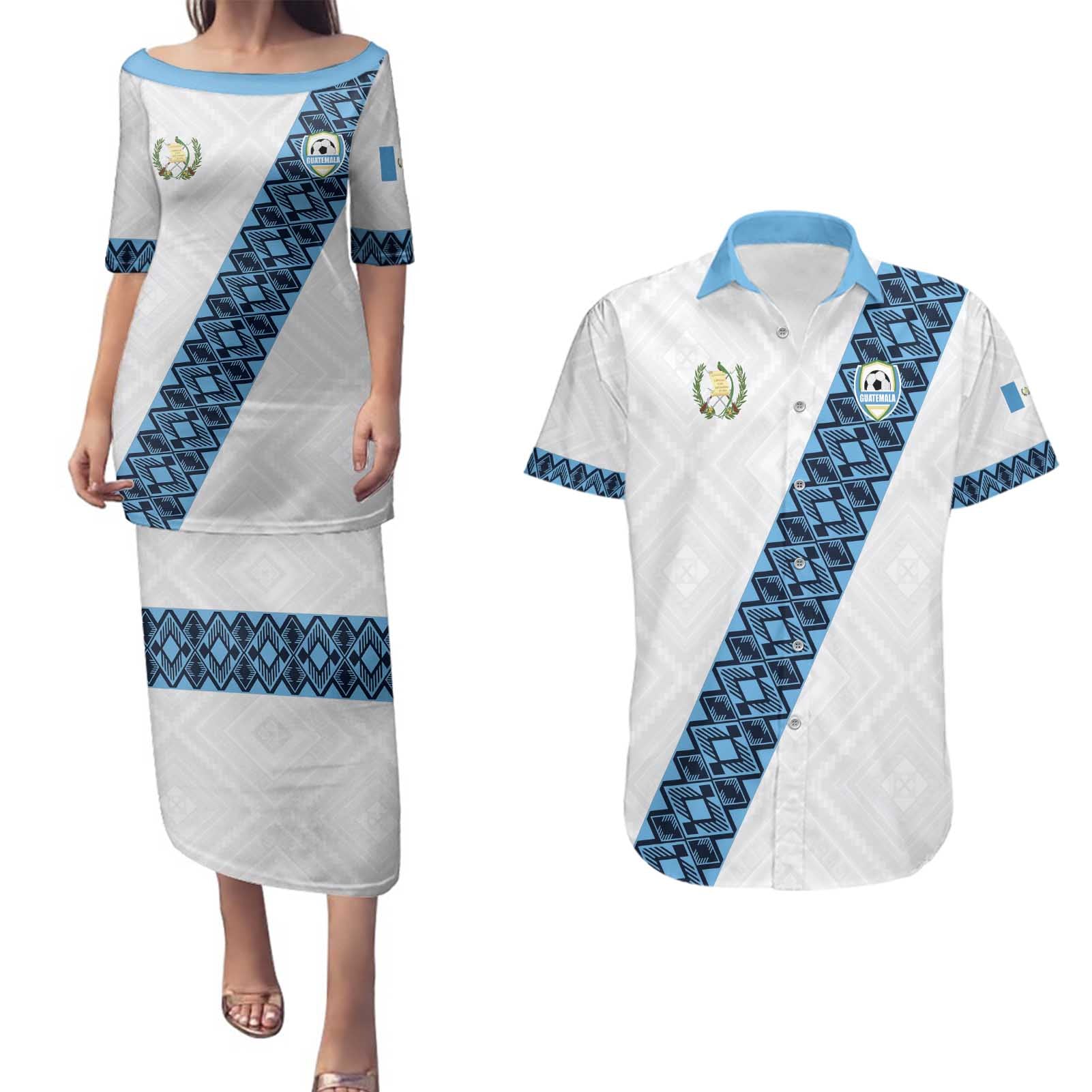 Custom Guatemala Football Couples Matching Puletasi and Hawaiian Shirt La Azul y Blanco Come On