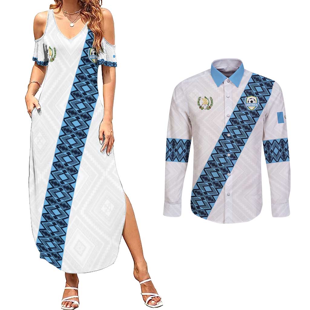 Custom Guatemala Football Couples Matching Summer Maxi Dress and Long Sleeve Button Shirt La Azul y Blanco Come On