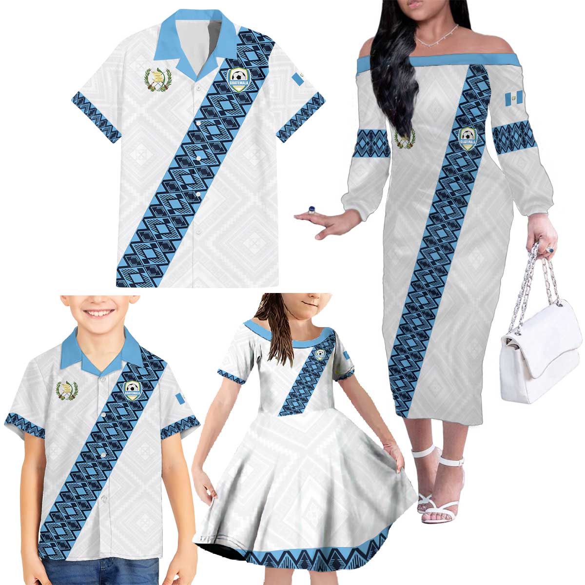 Custom Guatemala Football Family Matching Off The Shoulder Long Sleeve Dress and Hawaiian Shirt La Azul y Blanco Come On