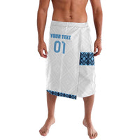 Men's white football lavalava with blue diamond hem band and custom number 01