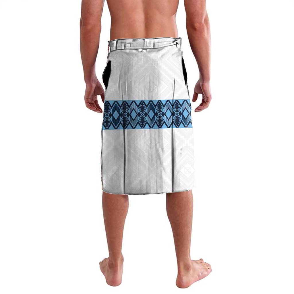 Men's football lavalava back view with blue geometric waist trim and diamond hem band