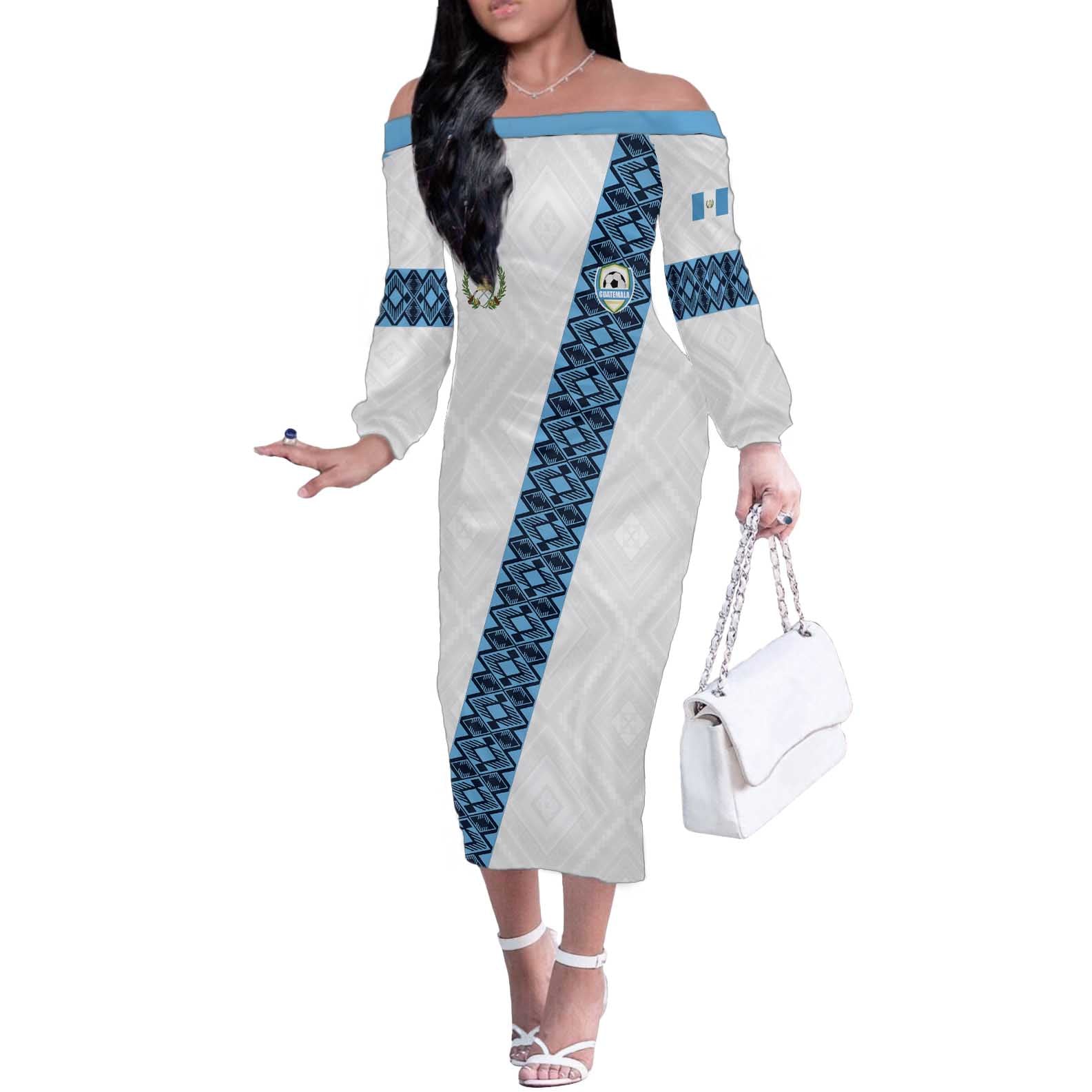 Custom Guatemala Football Off The Shoulder Long Sleeve Dress La Azul y Blanco Come On