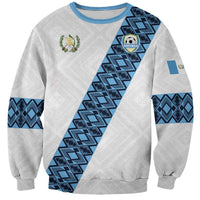Unisex light gray sweatshirt with blue geometric diagonal panel and Guatemala crest