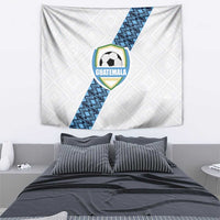 White football tapestry with Guatemala soccer-ball crest over blue geometric diagonal stripe