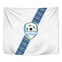 White football tapestry with blue geometric diagonal stripe and Guatemala soccer-ball crest